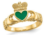 Ladies Claddagh Ring in Polished 14K Yellow Gold with Green Enamel